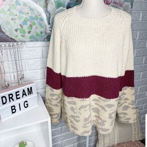 Pink Lily Colorblock Maroon Leopard Sweater